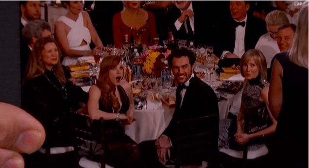 via Jezebel - Jessica Chastain's reaction to a shot fired at Bill Cosby at the Golden Globes.  